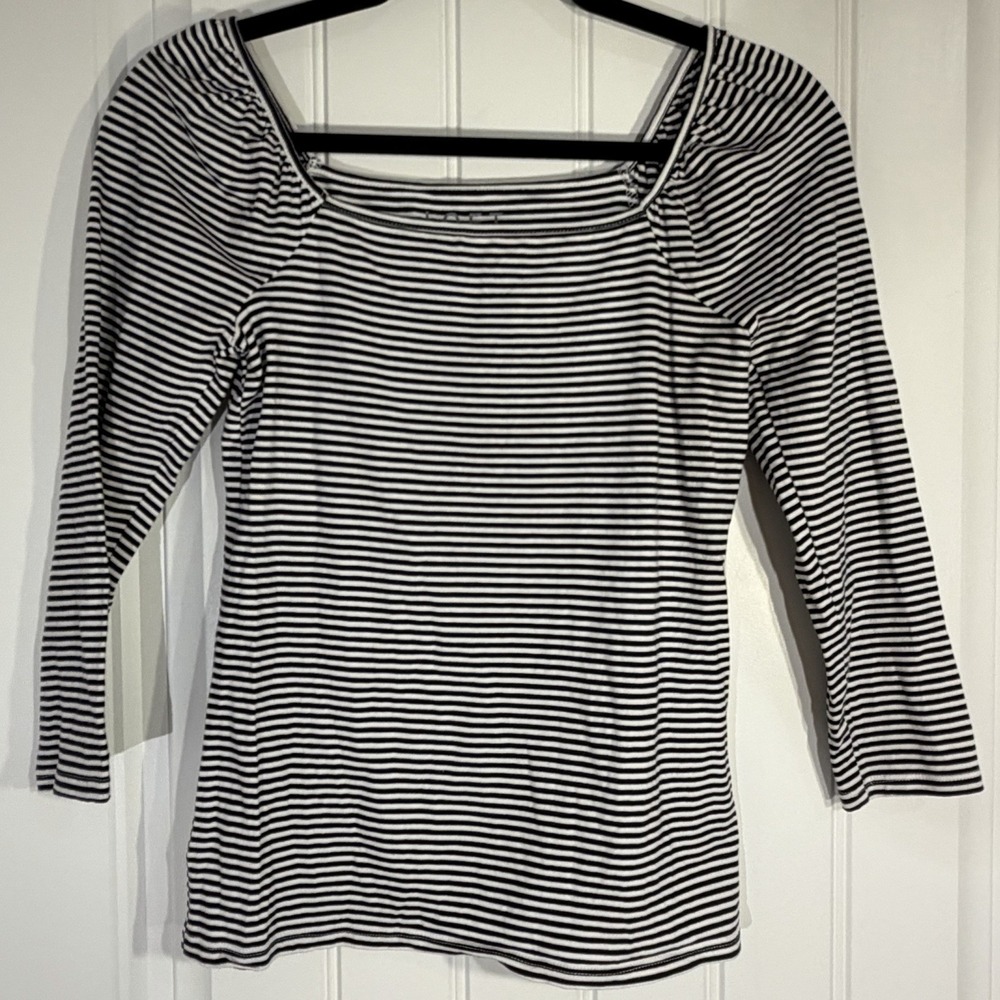LOFT‎ Black White Striped 3/4 Sleeve Square Neck Top XS